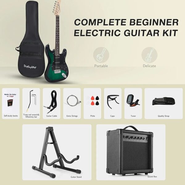 Display4top Full-Size Electric Guitar with 20 Watt Amplifier, Guitar Stand, Bag, Guitar Pick, Strap,spare Strings, Tuner, Case and Cable (Green) Right handed - Image 5