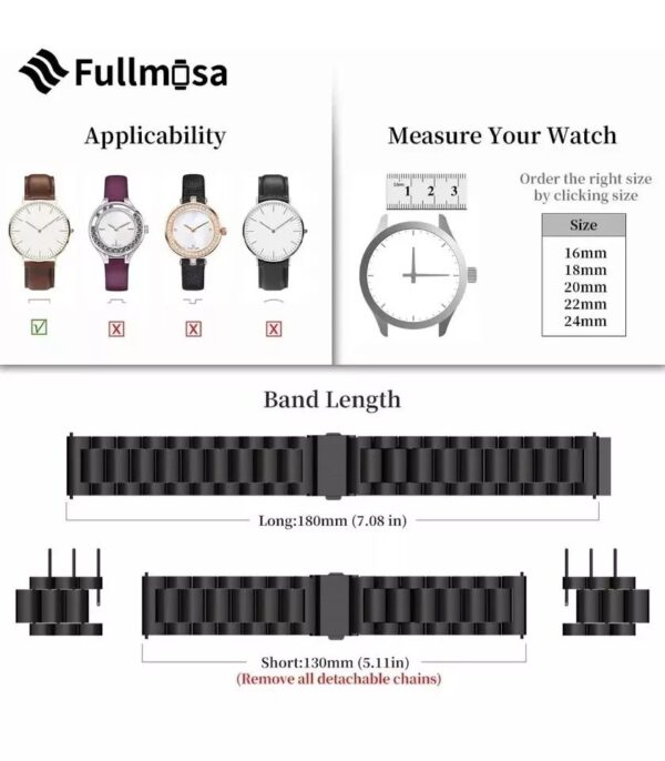 Fullmosa 20mm smart metal strap for samsung huawei fossil withings watch black - Image 3