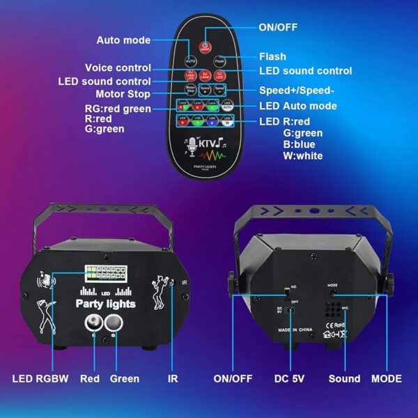 DJ Disco Light 3 in 1 Strobe Light Sound Actived with Remote Control, RGB LED Pattern Stage Light USB Powered - Image 6