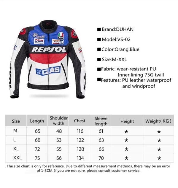 REPSOL BLUE FIRE GAS MOTORBIKE RIDER’S RACING LEATHER JACKET XL Size Length 72, Shoulder Width 55, Chest 128, Sleeve Length 66 - Image 5