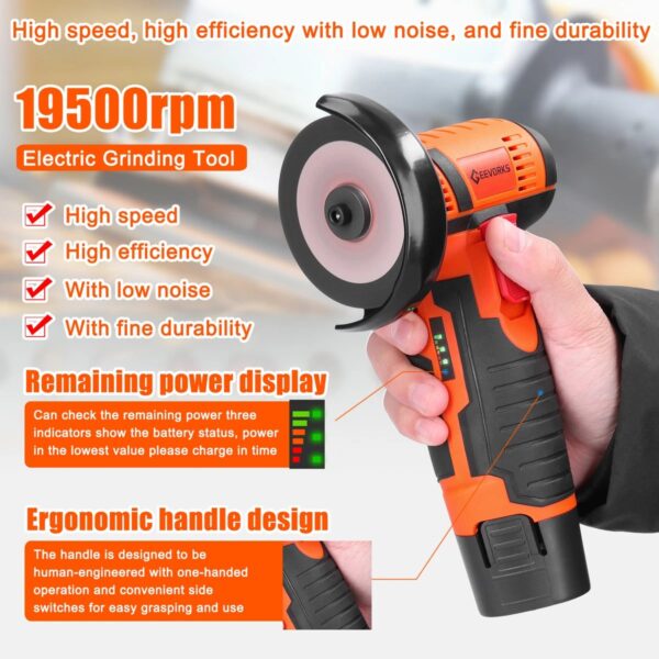 Angle Grinder, Geevorks Electric Grinding Tool 19500RPM, Mini Grinder Handheld Cutter for Cutting Polishing Ceramic Tile Wood Stone Steel, with 2 Cutting Disc/2PCS 1200mAh Battery - Image 6